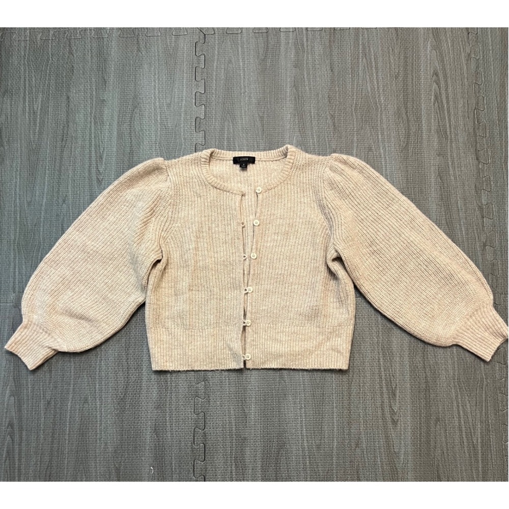 J.Crew Ribbed‎ Puff Sleeve Cardigan Sweater Beige Merino Wool Alpaca Small